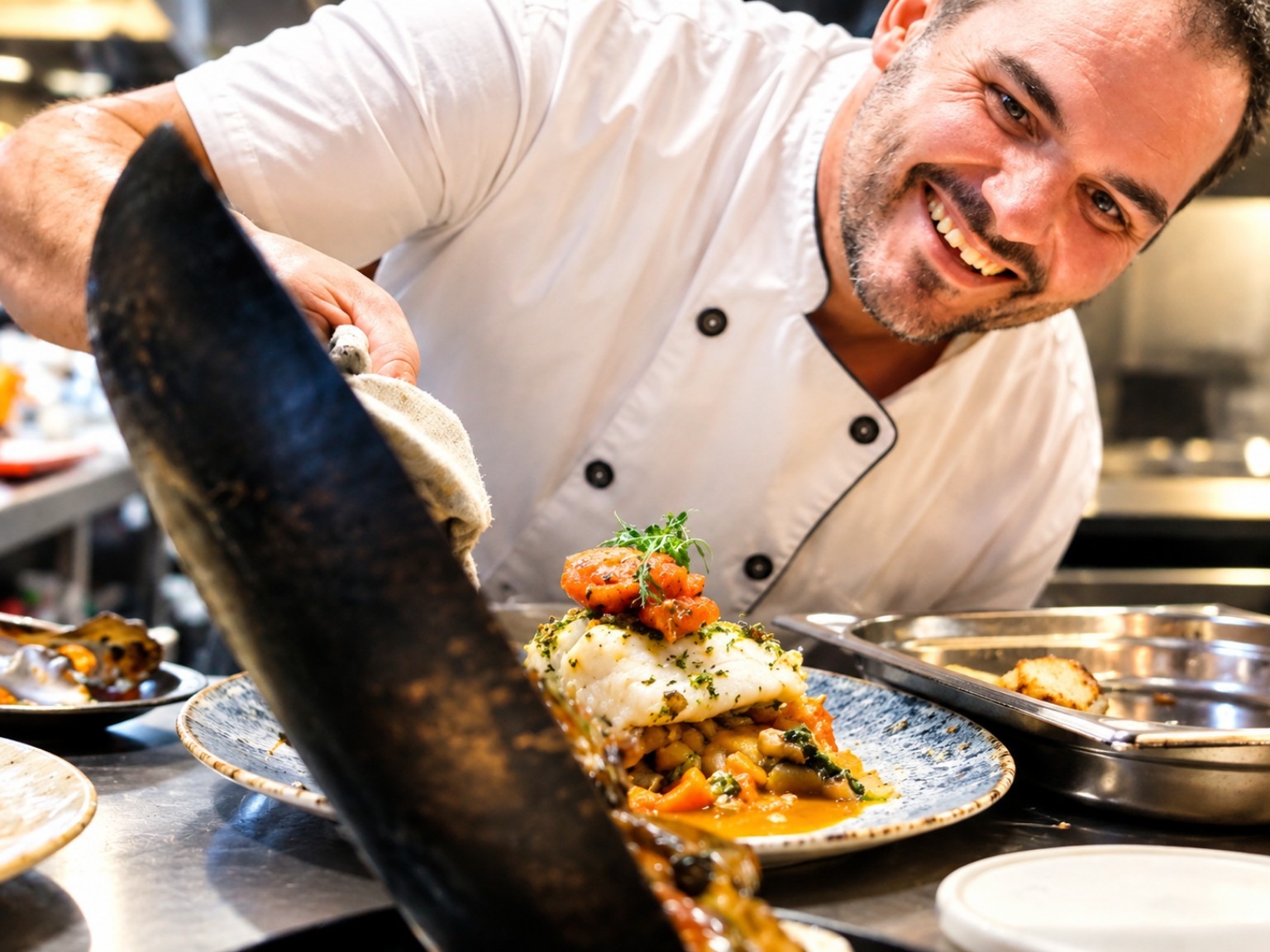 Chef de Alecrim emplatando un plato de pescado